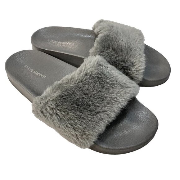 Steve Madden Softey Gray Faux Fur Slide Slipper Sandals - Size 10 - Picture 1 of 8